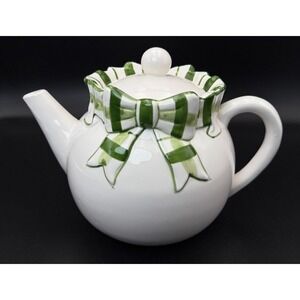 The Haldon Group Green Striped Bow Ribbon Teapot 1992 Ceramic - Excellent Cond.